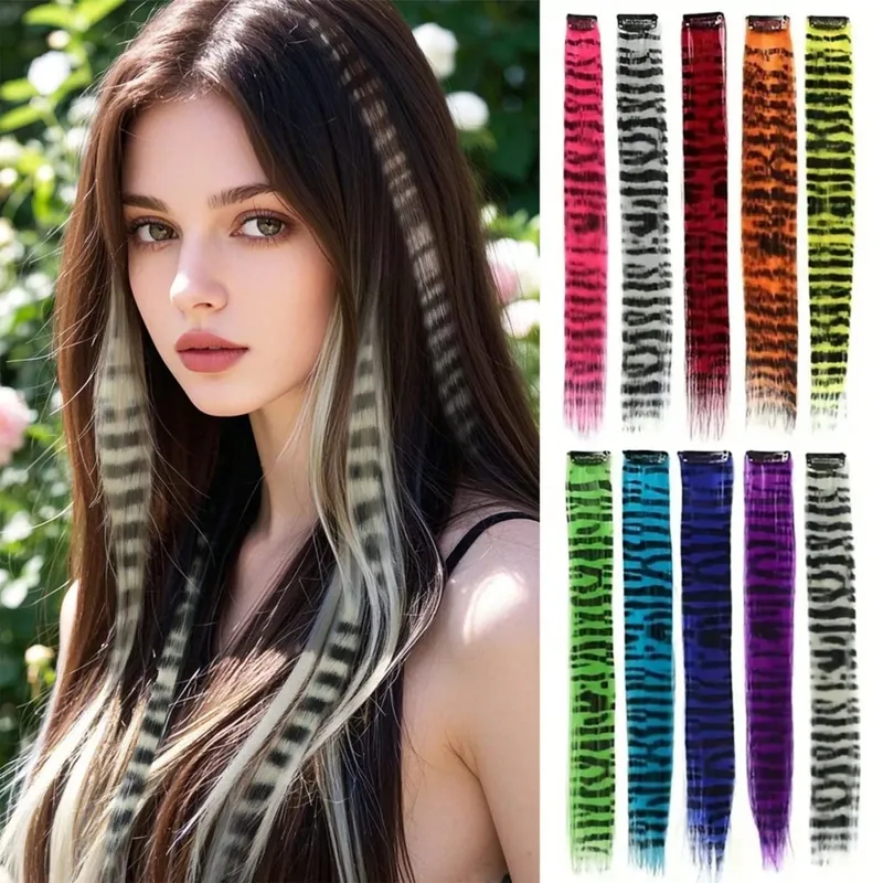1pc/2pcs/3pcs/4pcs/6pcs/8pcs18 "longo reto zebra impressão clipe de pena sintética em extensões de cabelo ideal dia das bruxas natal