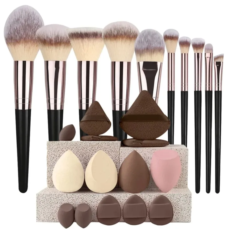 Conjunto de pincéis de maquiagem luxuosos, macios e fofos, base, blush, pó, sombra, kabuki, mistura, pincel de maquiagem, ferramenta de beleza