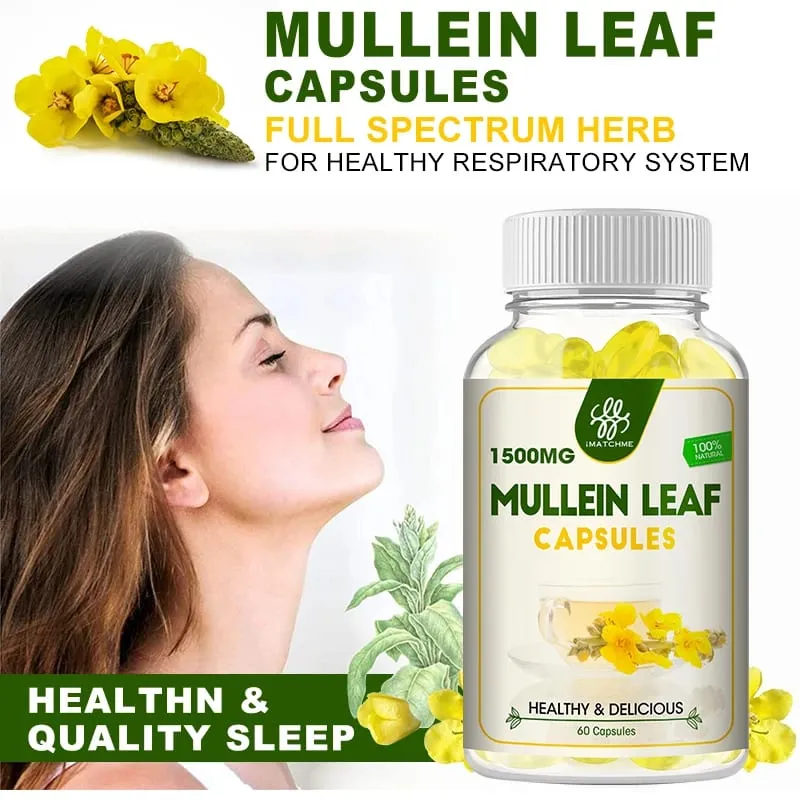 iMATCHME Cápsulas de folhas de verbasco para limpeza pulmonar, respiração desobstruída, alívio da tosse, desintoxicação, cuidados de saúde, antioxidante, melhora a imunidade