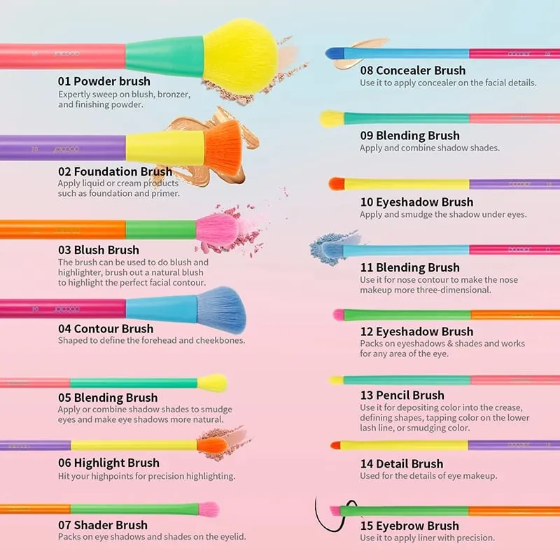 Docolor 15 pçs pincéis de maquiagem conjunto kabuki fundação pó blush sombra rosto mistura corretivo pincéis de maquiagem ferramenta de beleza