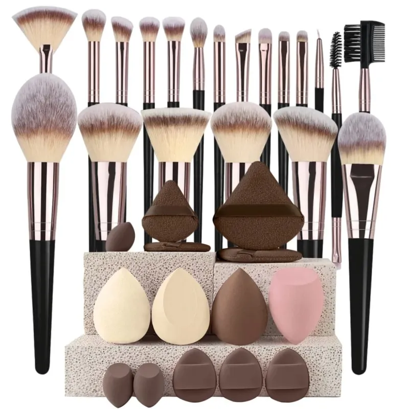 Conjunto de pincéis de maquiagem luxuosos, macios e fofos, base, blush, pó, sombra, kabuki, mistura, pincel de maquiagem, ferramenta de beleza