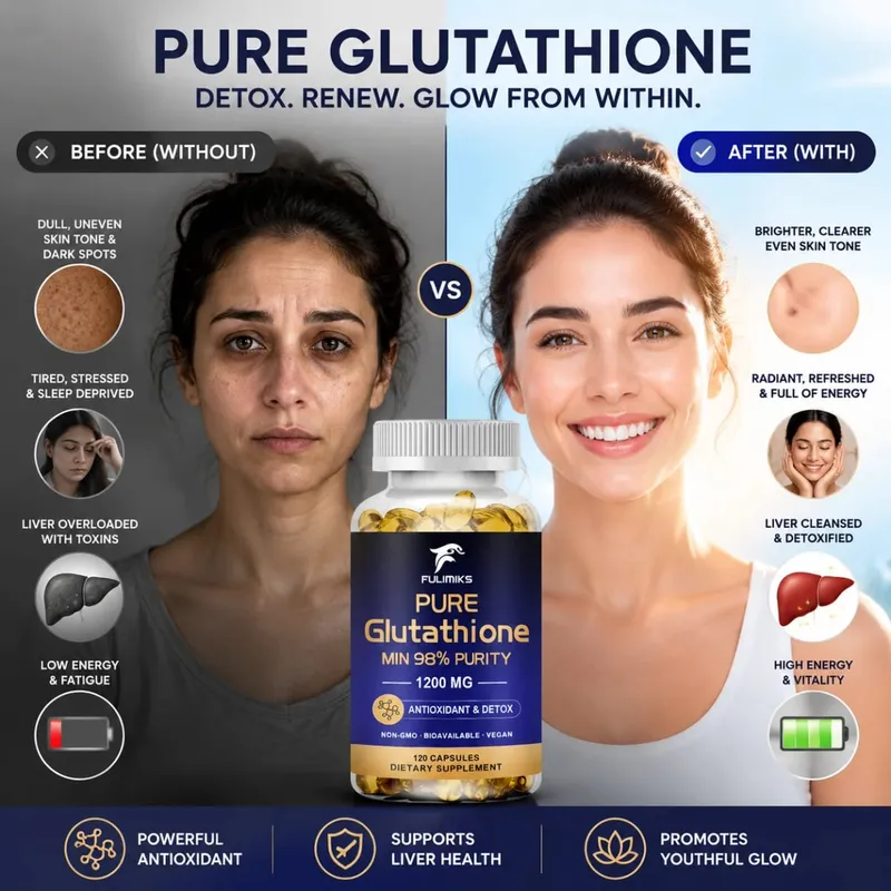 Cápsulas de glutationa pura 1200mg, absorção máxima, suporte para pele, antioxidante, anti-envelhecimento, desintoxicação, limpeza do fígado, imunidade