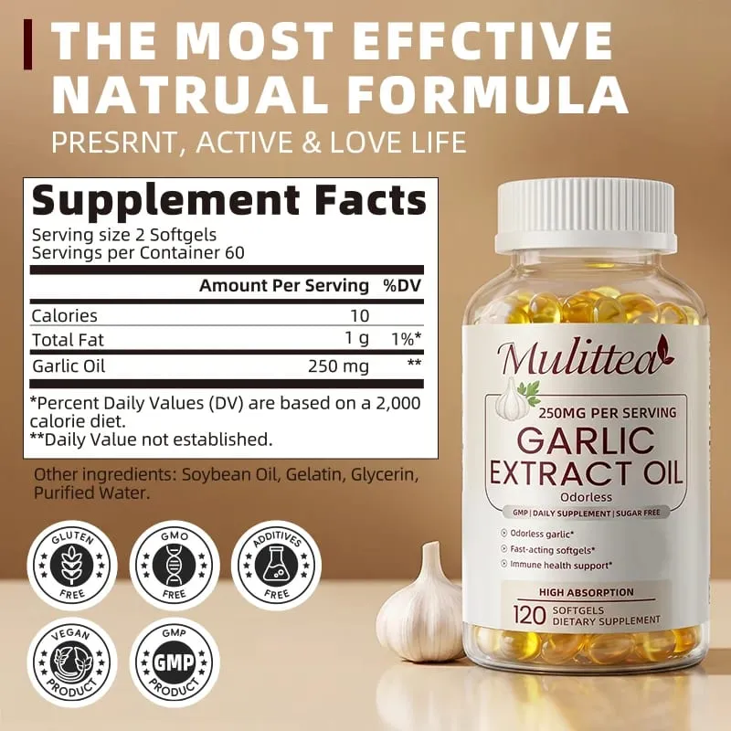 Mulittea Garlic Oil Capsules Heart Health Support Immune Support Defends Against Seasonal illnesses Supports Cholesterol Levels