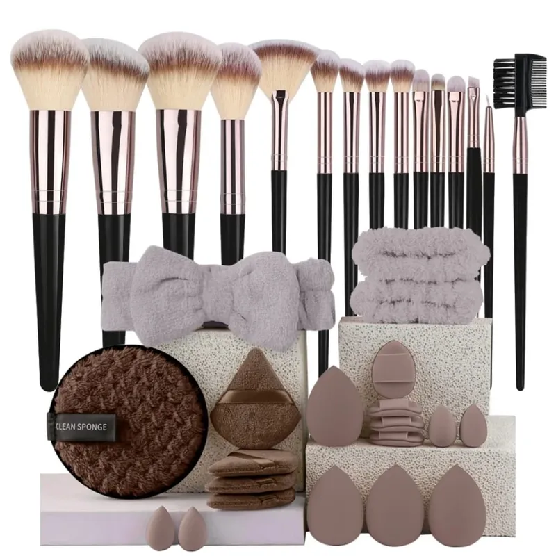 Conjunto de pincéis de maquiagem luxuosos, macios e fofos, base, blush, pó, sombra, kabuki, mistura, pincel de maquiagem, ferramenta de beleza