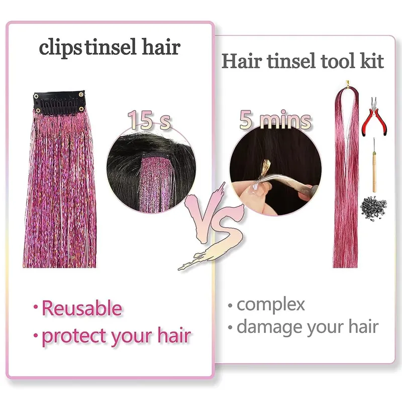 Atacado 5 unidades/pacote espumante brilhante extensões de cabelo clipe em brilho brilhante cabelo enfeites arco-íris brilhante brilho cabelo ouropel rosa/vermelho