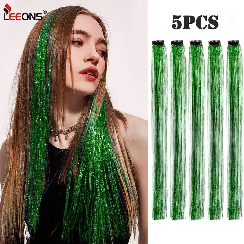 Atacado 5 unidades/pacote espumante brilhante extensões de cabelo clipe em brilho brilhante cabelo enfeites arco-íris brilhante brilho cabelo ouropel rosa/vermelho