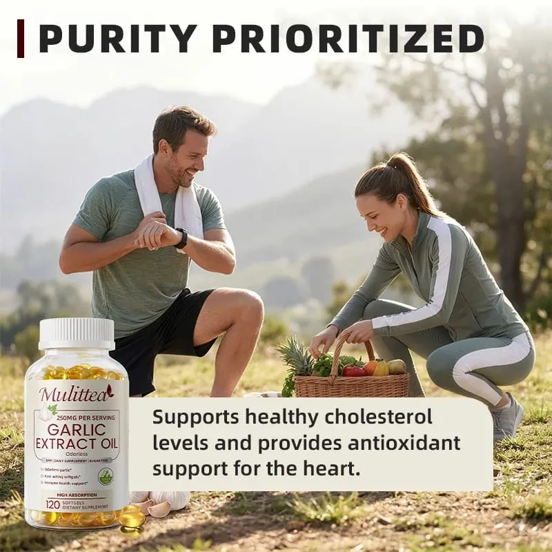 Mulittea Garlic Oil Capsules Heart Health Support Immune Support Defends Against Seasonal illnesses Supports Cholesterol Levels