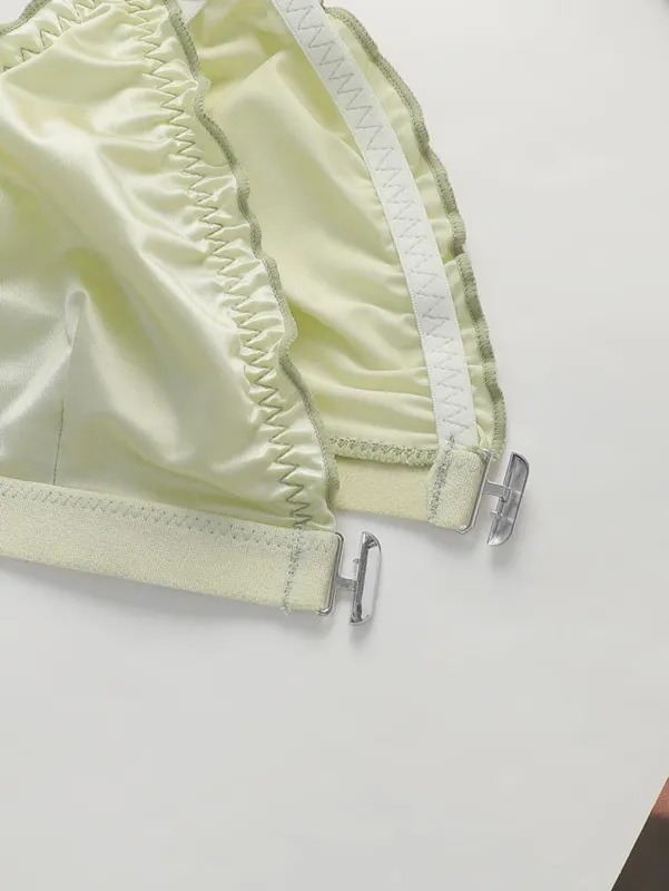 Conjunto de lingerie triangular de cetim feminino, 2 conjuntos de sutiã de fechamento frontal sem fio com acabamento de babados, sutiã e calcinha macio e confortável para uso diário
