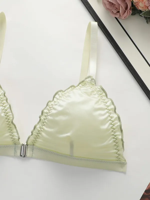 Conjunto de lingerie triangular de cetim feminino, 2 conjuntos de sutiã de fechamento frontal sem fio com acabamento de babados, sutiã e calcinha macio e confortável para uso diário