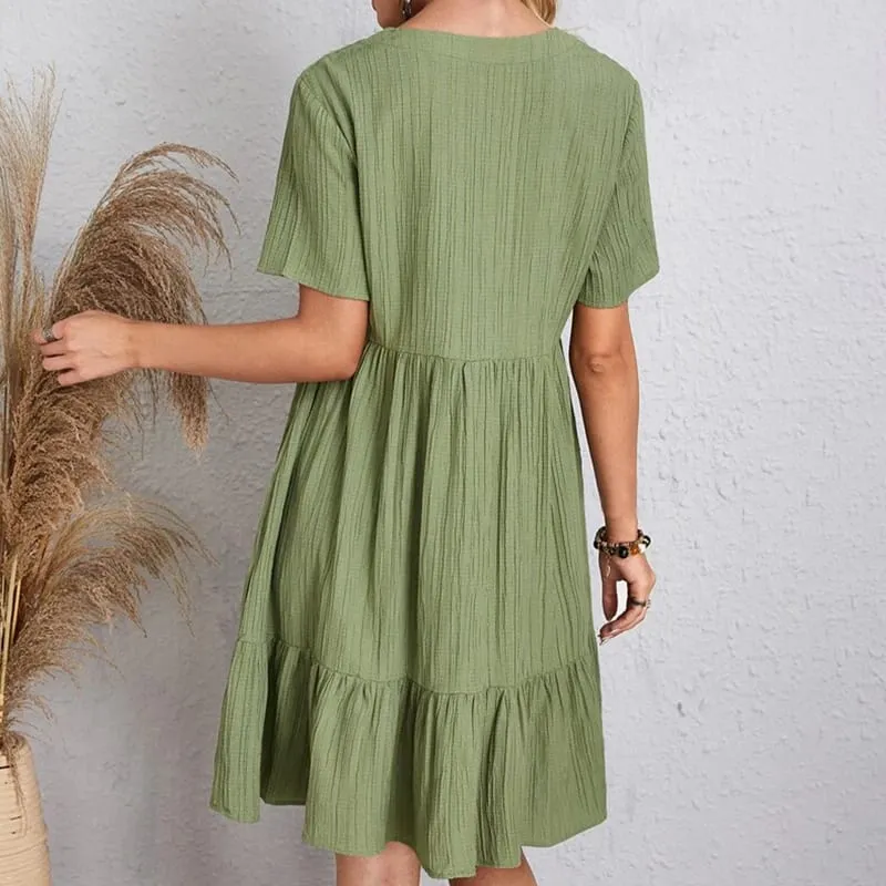 Verão casual feminino elegante manga curta com decote em v babados vestido sólido solto mini vestido chique boêmio vestidos de festa de praia — image 5