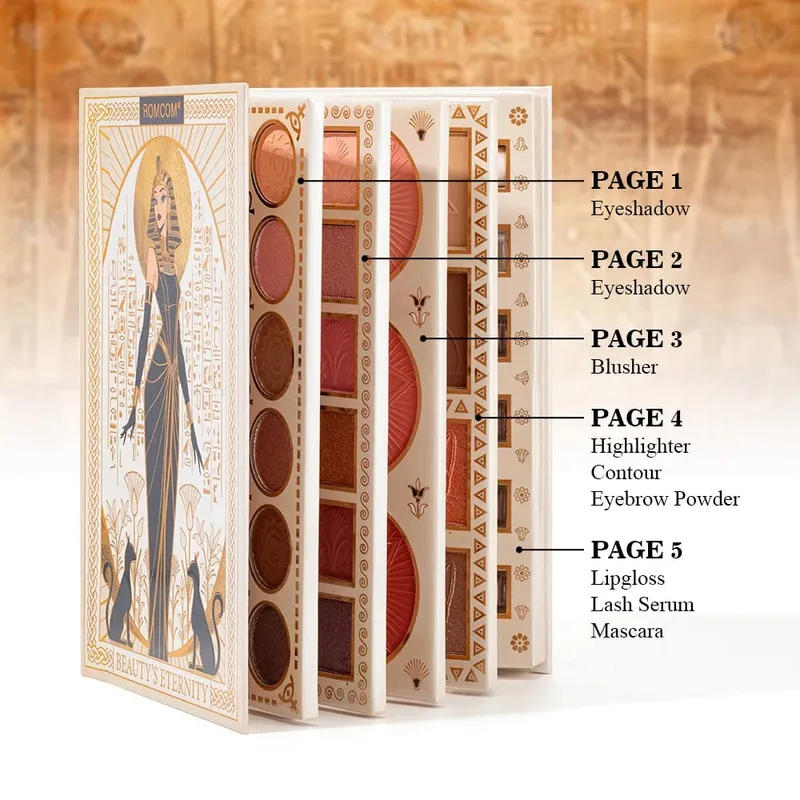 5 páginas tudo-em-um livro de maquiagem sombra de olho em pó blush alto brilho em pó máscara facial brilho labial rímel essência olho preto