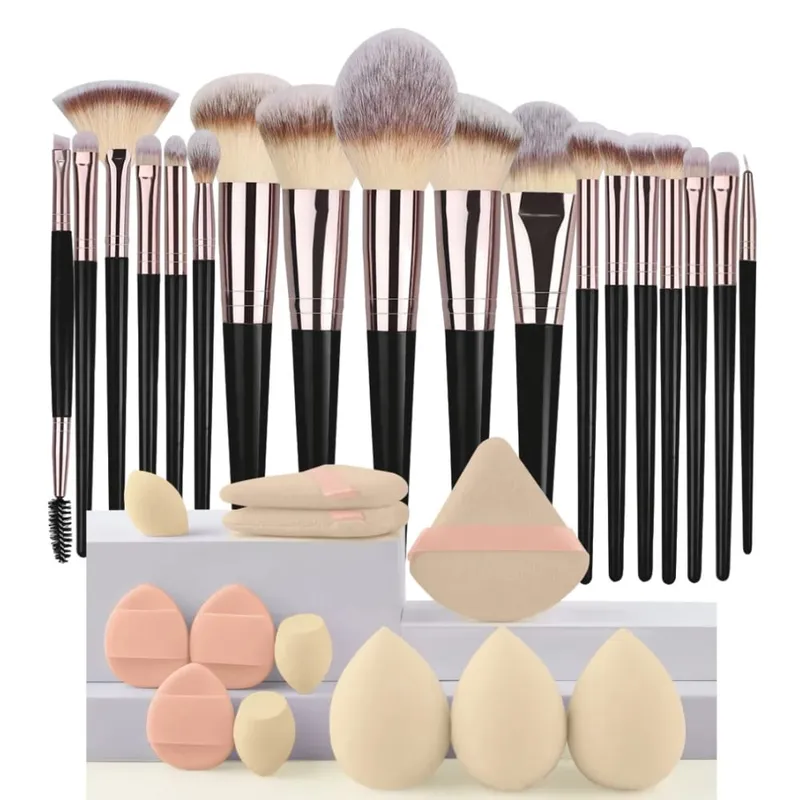 Conjunto de pincéis de maquiagem luxuosos, macios e fofos, base, blush, pó, sombra, kabuki, mistura, pincel de maquiagem, ferramenta de beleza