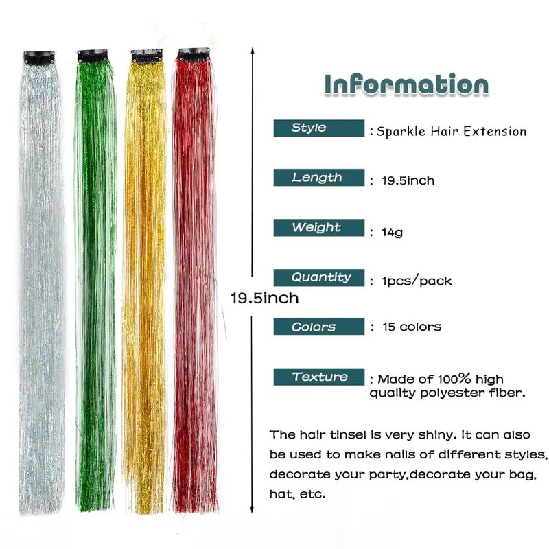Atacado 5 unidades/pacote espumante brilhante extensões de cabelo clipe em brilho brilhante cabelo enfeites arco-íris brilhante brilho cabelo ouropel rosa/vermelho