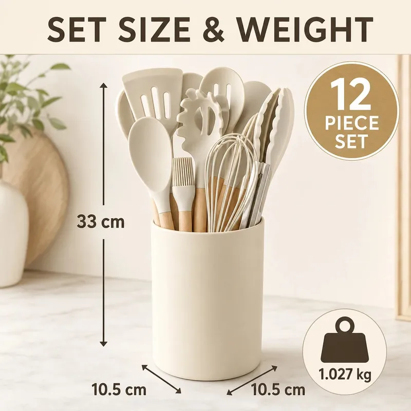 12PCS Silicone Kitchen Utensils Set with Holder - Nonstick Heat Resistant Wooden Handle Cooking Gadgets Set with Spatula Whisk Tongs & Spoon for Home Essentials