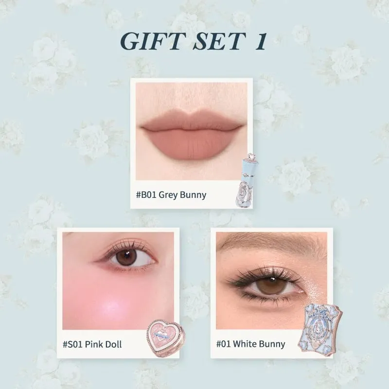 O conjunto de presente da coleção Flower Knows Bunny Garden inclui paleta de maquiagem + batom + blush