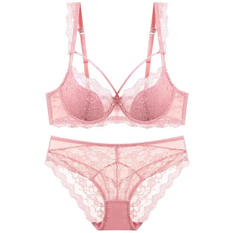 Thin Lined Plus Size Lace Bra and Panties Set Underwear with Bandage Women Push Up Lingerie A B C D E Cup 95C 95D
