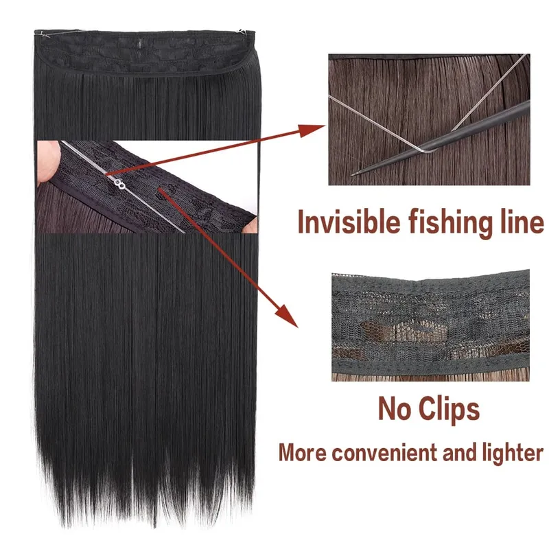 Sintético sem clipe de onda extensões de cabelo escondido segredo falso peça de cabelo uma peça linha de peixe falso pedaço de cabelo — image 3