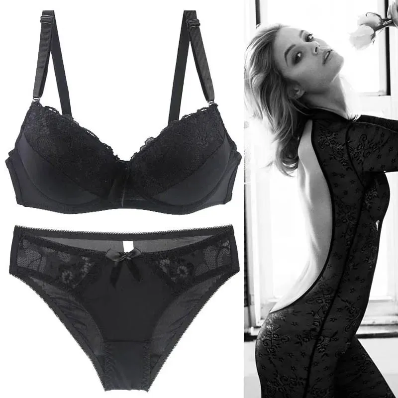 2021 novas mulheres push up conjuntos de sutiã íntimos rendas tangas roupa interior arco sólido 70-105 bcde copo feminino plus size lingerie — image 2