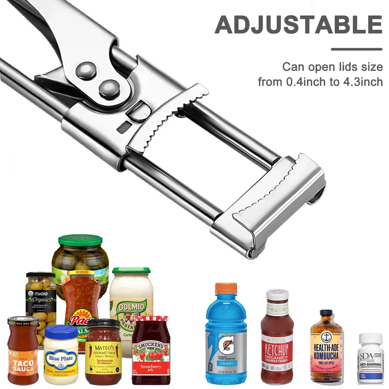 Abridor de frascos multifuncional ajustável, aço inoxidável, profissional, manual, abridor de garrafas, removedor de tampa de vidro, acessórios de cozinha