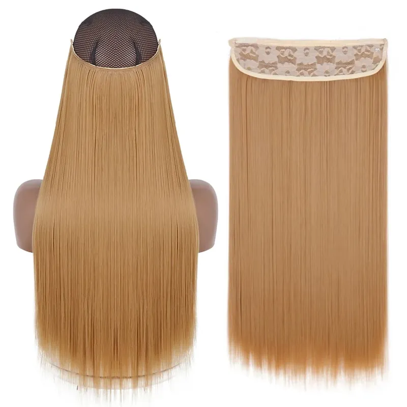 Sintético sem clipe de onda extensões de cabelo escondido segredo falso peça de cabelo uma peça linha de peixe falso pedaço de cabelo — image 25
