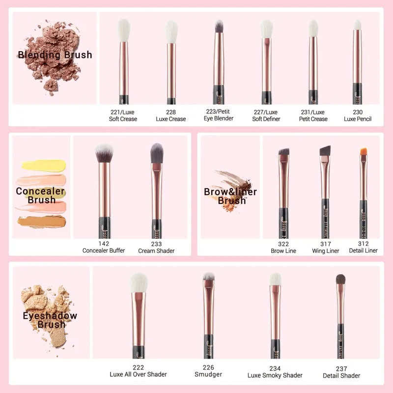 Jessup conjunto de pincéis de maquiagem, 15 peças, kit de ferramentas de pincel de maquiagem, delineador de olhos, cabelo sintético natural, ouro rosa/preto t157