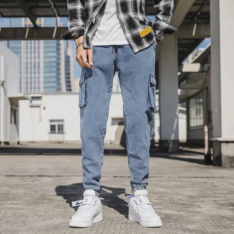 Jeans jogger masculino lavado algodão leve estiramento multi-bolsos calças cargo jeans tamanho asiático L-6XL