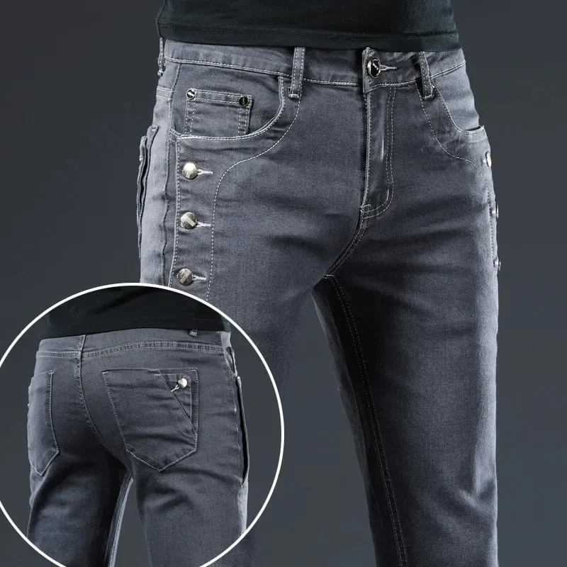 Novos homens magro botão preto jeans magros cor sólida estiramento skate multi-botão juventude masculino calças jeans