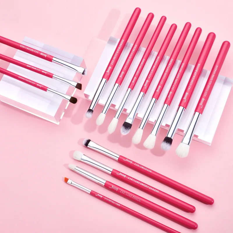 Conjunto de pincéis de maquiagem Jessup 15 peças pincel de maquiagem profissional delineador shader natural-sintético rosa-carmin/prata