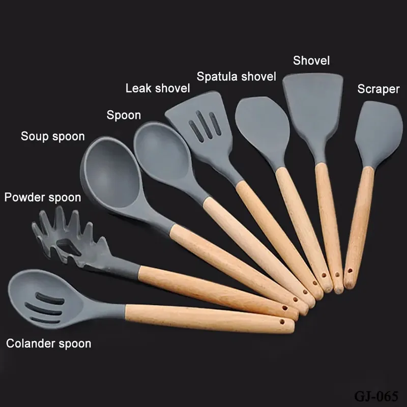 Silicone mundo cozinhar utensílios de cozinha ferramenta de silicone com alça multifuncional de madeira antiaderente espátula colher escova