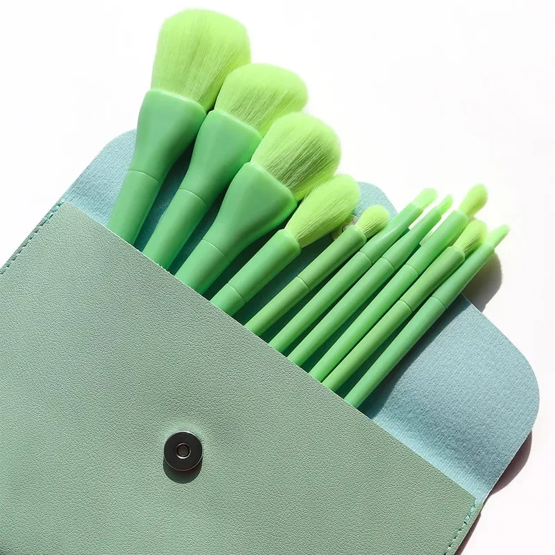 Conjunto de pincéis de maquiagem, 10 peças, laranja/rosa/azul/verde, sombra, delineador, pincel de maquiagem, cabelo natural, base, pó, blush
