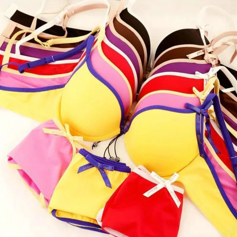 Front Closure Push Up Bra Panty Set Women Solid Color Red Rose Red Yellow Lingerie Suit Valentine Wedding Daily Female Underwear