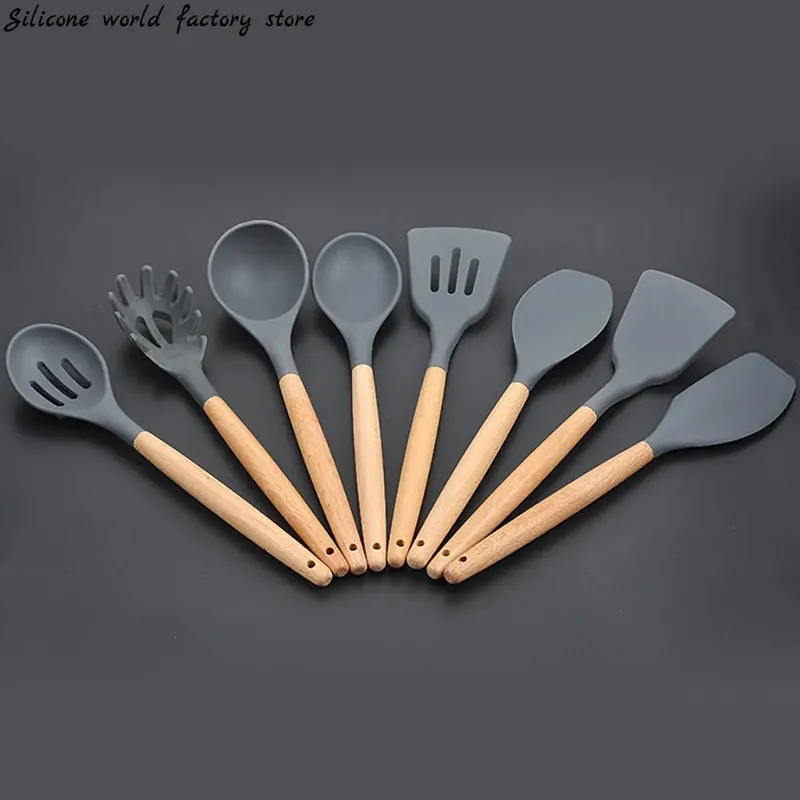 Silicone mundo cozinhar utensílios de cozinha ferramenta de silicone com alça multifuncional de madeira antiaderente espátula colher escova
