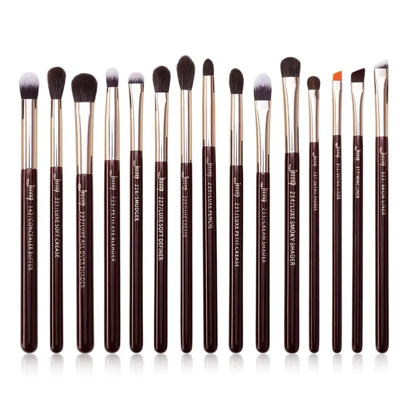 Jessup conjunto de pincéis de maquiagem, 15 peças, kit de ferramentas de pincel de maquiagem, delineador de olhos, cabelo sintético natural, ouro rosa/preto t157