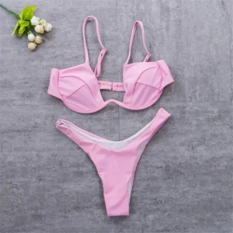 Feminino 2 pçs conjunto de biquíni cor sólida fio acolchoado em forma de v volta fivela sutiã triângulo cintura alta calcinha verão conjunto de natação roupa interior