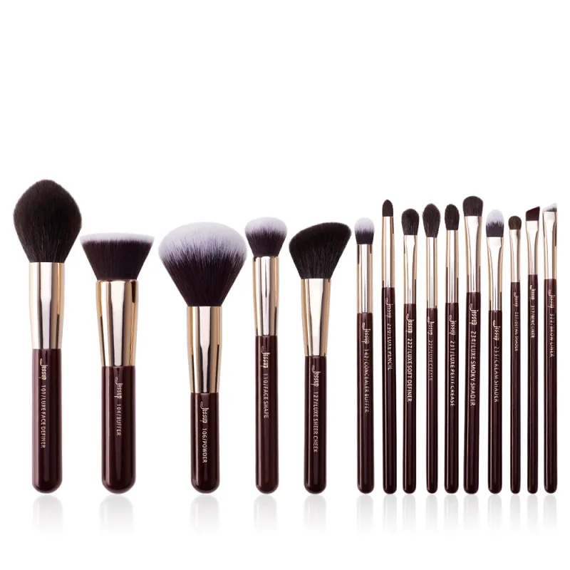 Jessup pincéis de maquiagem conjunto 15 pçs pincel de maquiagem profissional em pó sombra forro fundação blush mistura zinfandel/dourado