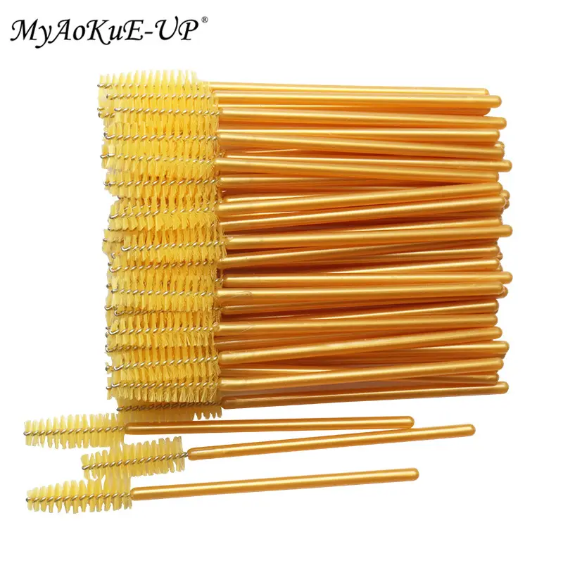 New Arrived 200pcs Golden Handle Yellow Brushes Nylon Disposable Mascara Wands Lashes Makeup Brushes Eyelash Extension — image 1