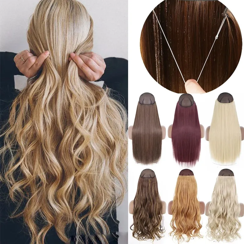 Sintético sem clipe de onda extensões de cabelo escondido segredo falso peça de cabelo uma peça linha de peixe falso pedaço de cabelo — image 2