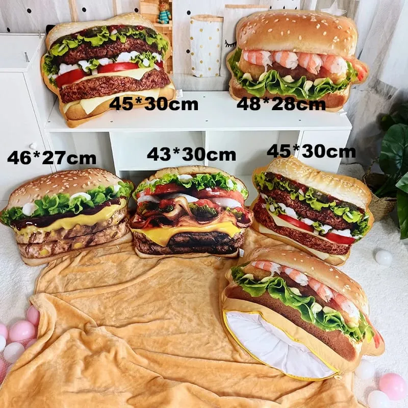 Lifelike Plush Hamburger Pillow Toy Simulation Stuffed Fast Food Hamburger Throw Pillow with Blanket 2 In 1 Cushion