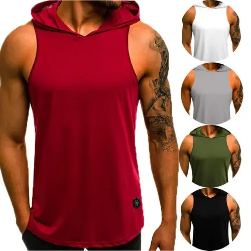 Nova chegada masculina sem mangas liso sólido moletom com capuz fitness pulôver sem mangas