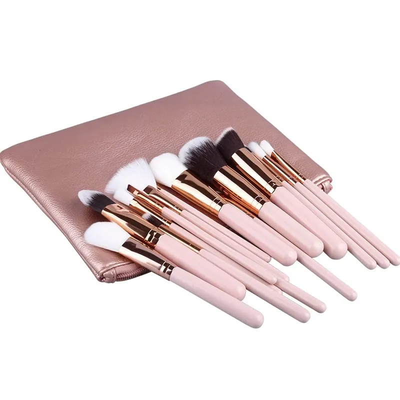 Conjunto de pincéis de maquiagem Pro 15pcs, base em pó, sombra, pincéis de maquiagem, cosméticos, cabelo sintético macio com estojo de couro
