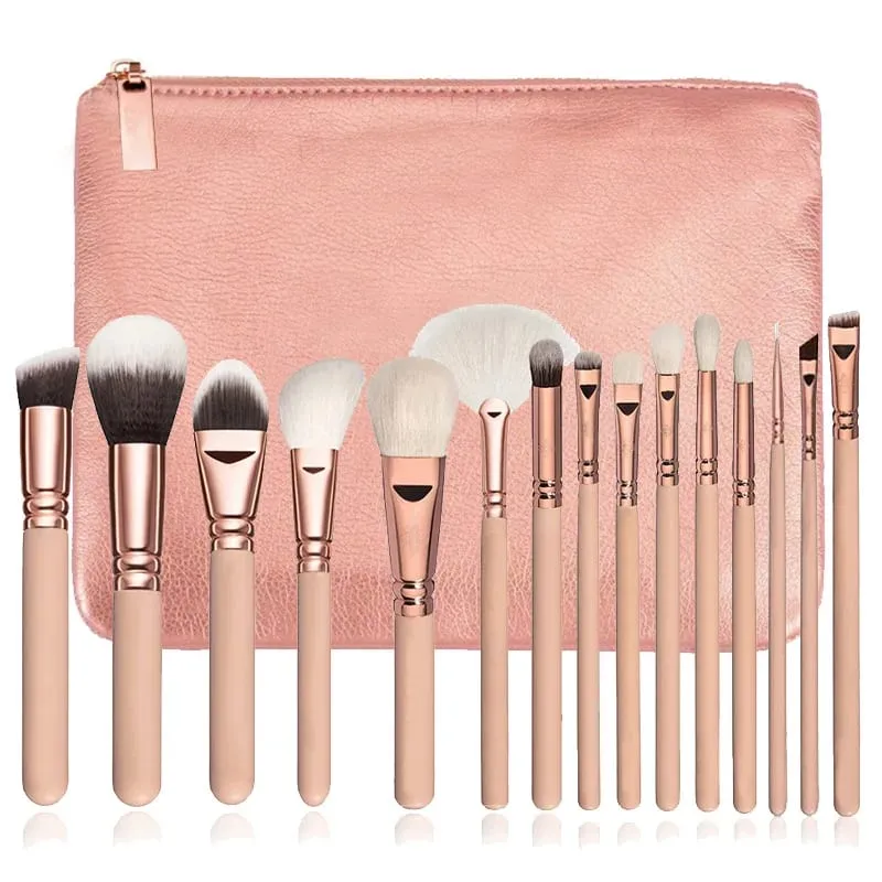 Conjunto de pincéis de maquiagem Pro 15pcs, base em pó, sombra, pincéis de maquiagem, cosméticos, cabelo sintético macio com estojo de couro