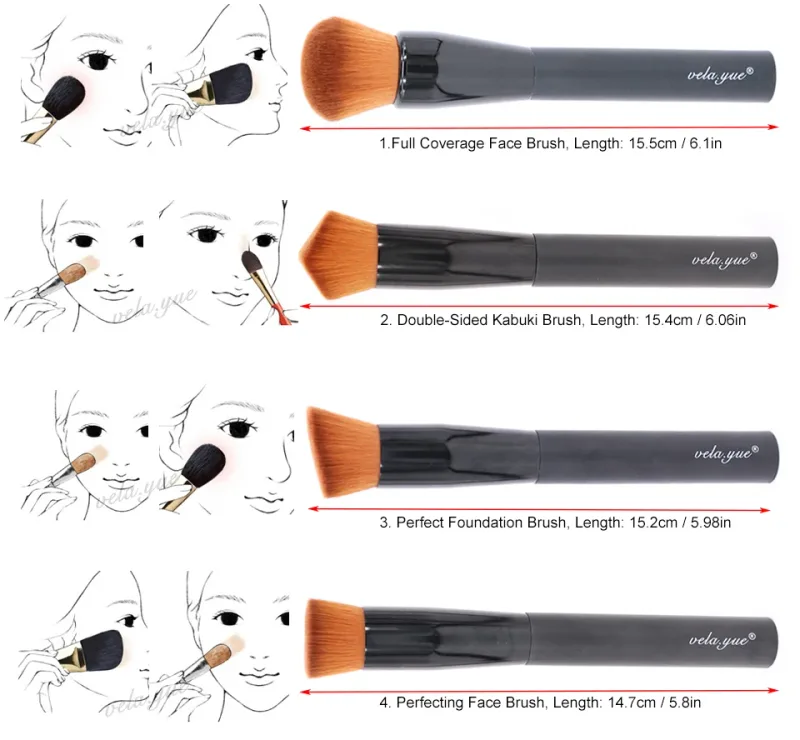 Vela.Yue Pincéis de maquiagem para pó facial, blush, creme líquido, base de primer, mistura, contorno, realce, ferramentas de beleza