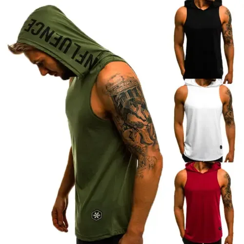 Nova chegada masculina sem mangas liso sólido moletom com capuz fitness pulôver sem mangas