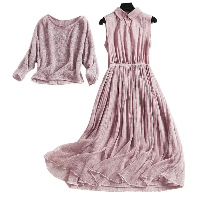 High Quality 2017 New Women's Spring Summer Silk Two Piece Dress Female Elegant Sleeveless Solid Brief Slim Long Dresses