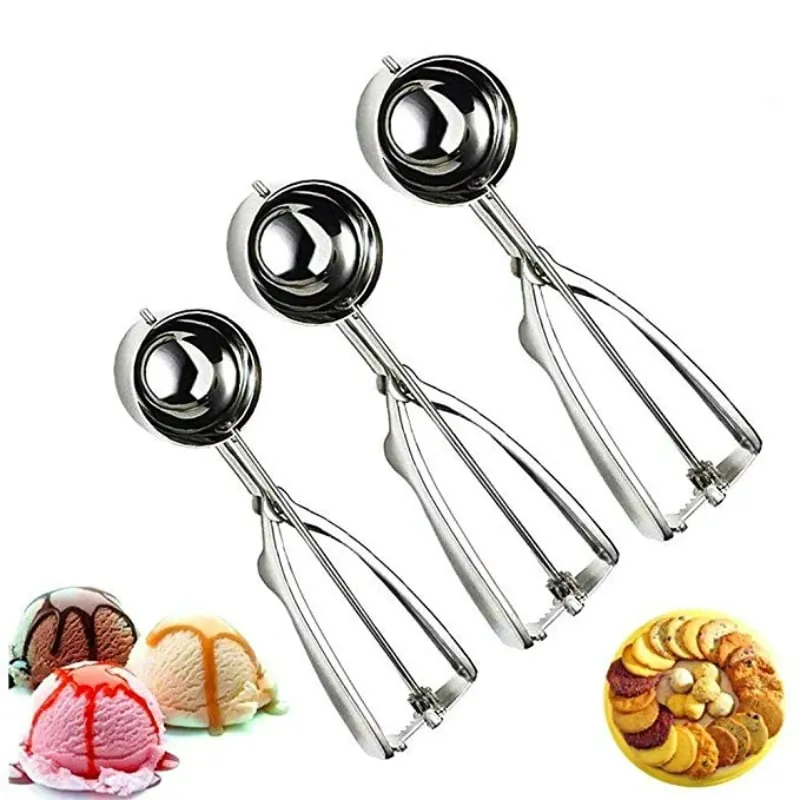 Colher de sorvete, ferramentas de cozinha, 3 tamanhos, aço inoxidável, alça de mola, purê de batata, melancia, bola, acessórios de cozinha para casa