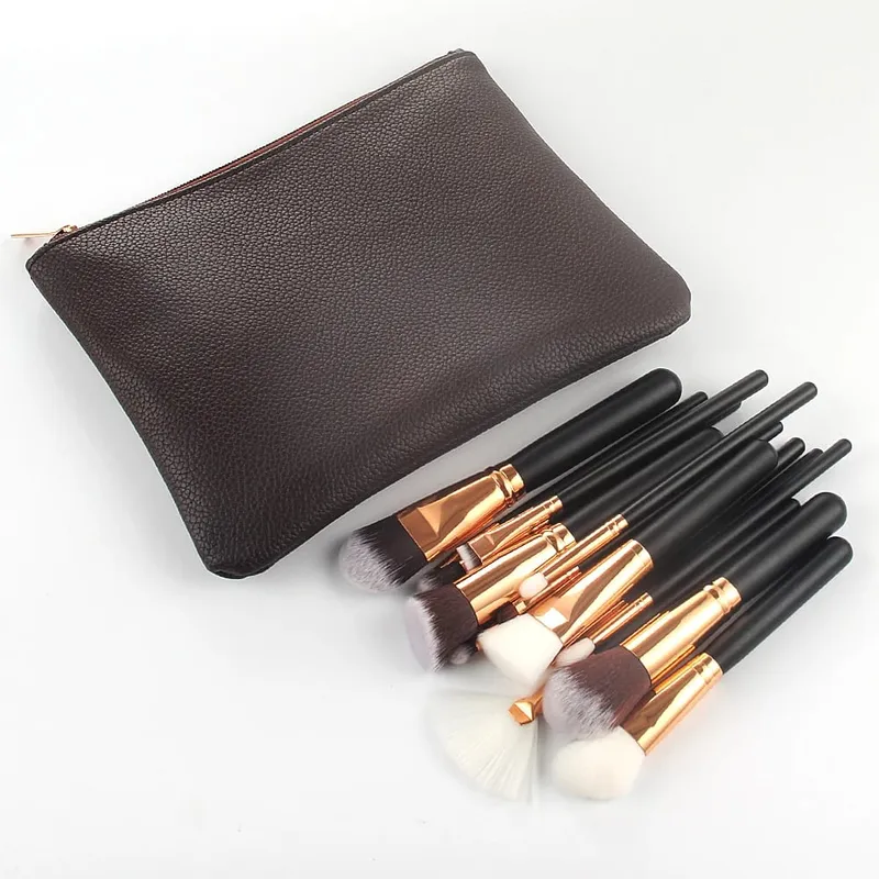 Conjunto de pincéis de maquiagem Pro 15pcs, base em pó, sombra, pincéis de maquiagem, cosméticos, cabelo sintético macio com estojo de couro
