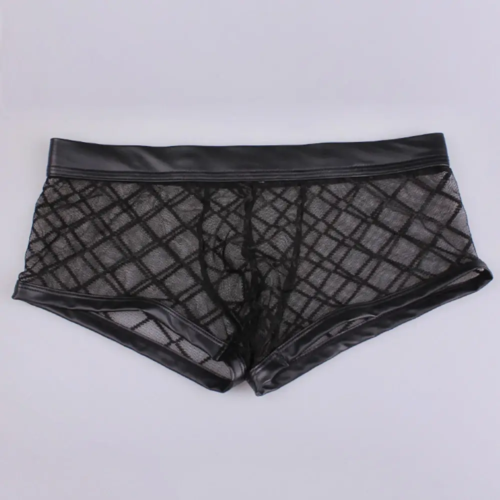 Sexy respirável fino boxer preto masculino malha transparente ver através de u-convexo roupa interior lingerie gay wear calças — image 2
