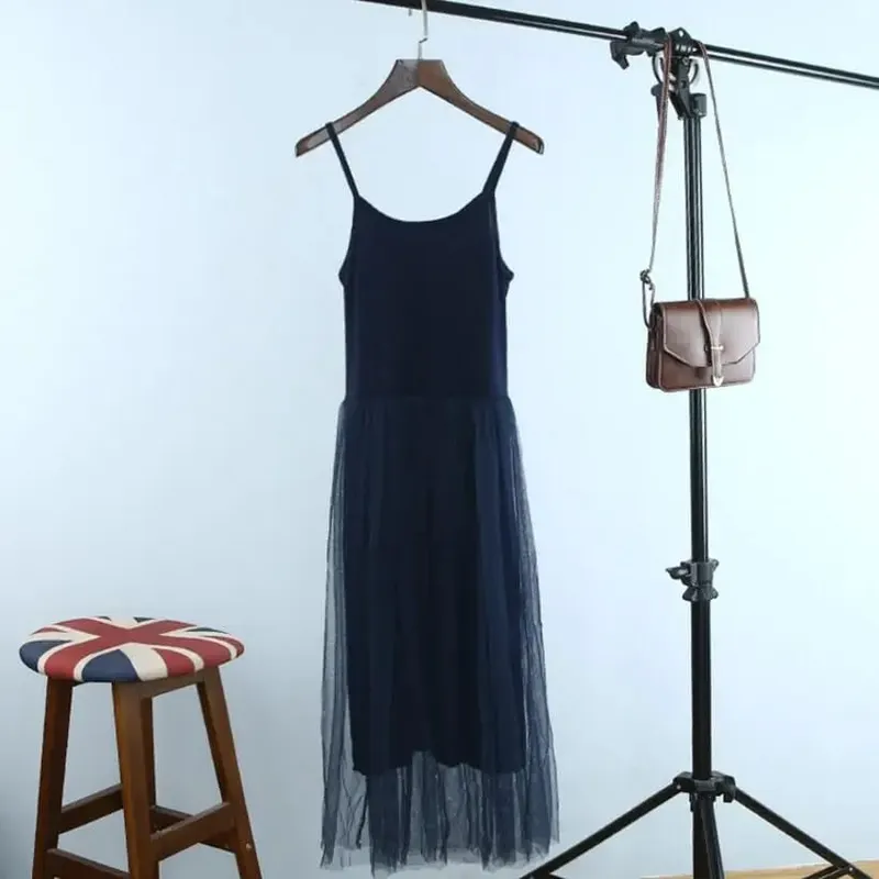 Spring And Summer New Sexy Spaghetti Strap Patchwork Mesh Dress Women Gauze Lace Tank Casual Dresses Sundress Party Vestidos
