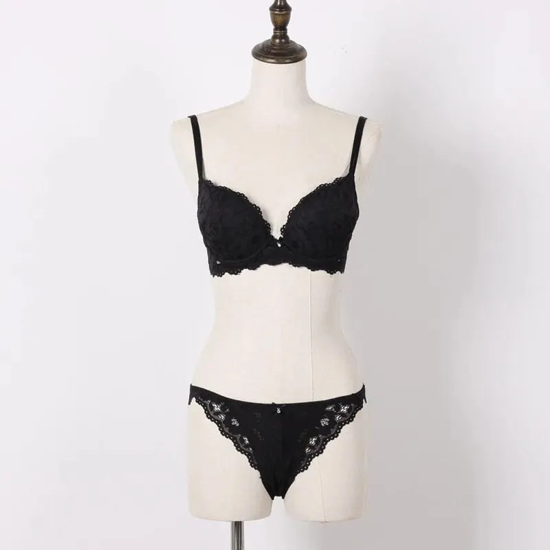 Push Up Bra Set Embroidery Lace Bra and Panties Set Thick Cup U Backless Everyday Lingerie Underwear Women Brassieres