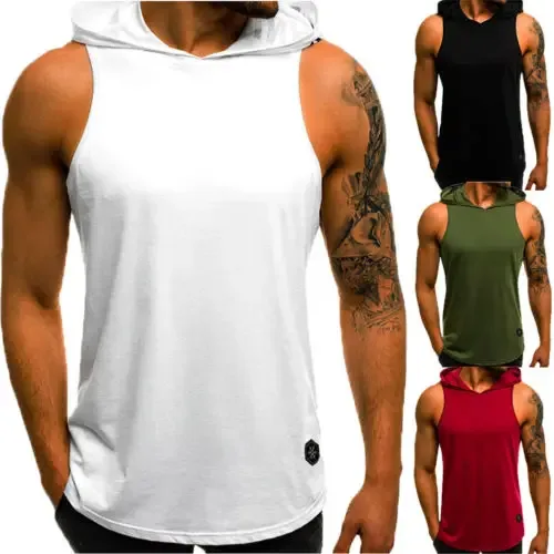 Nova chegada masculina sem mangas liso sólido moletom com capuz fitness pulôver sem mangas